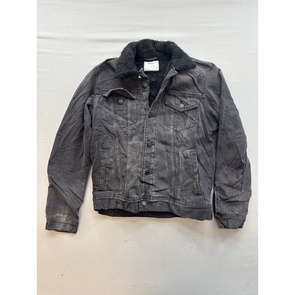 Old Navy Mens Black Denim Sherpa Lined Trucker Jacket Small Faded Wash